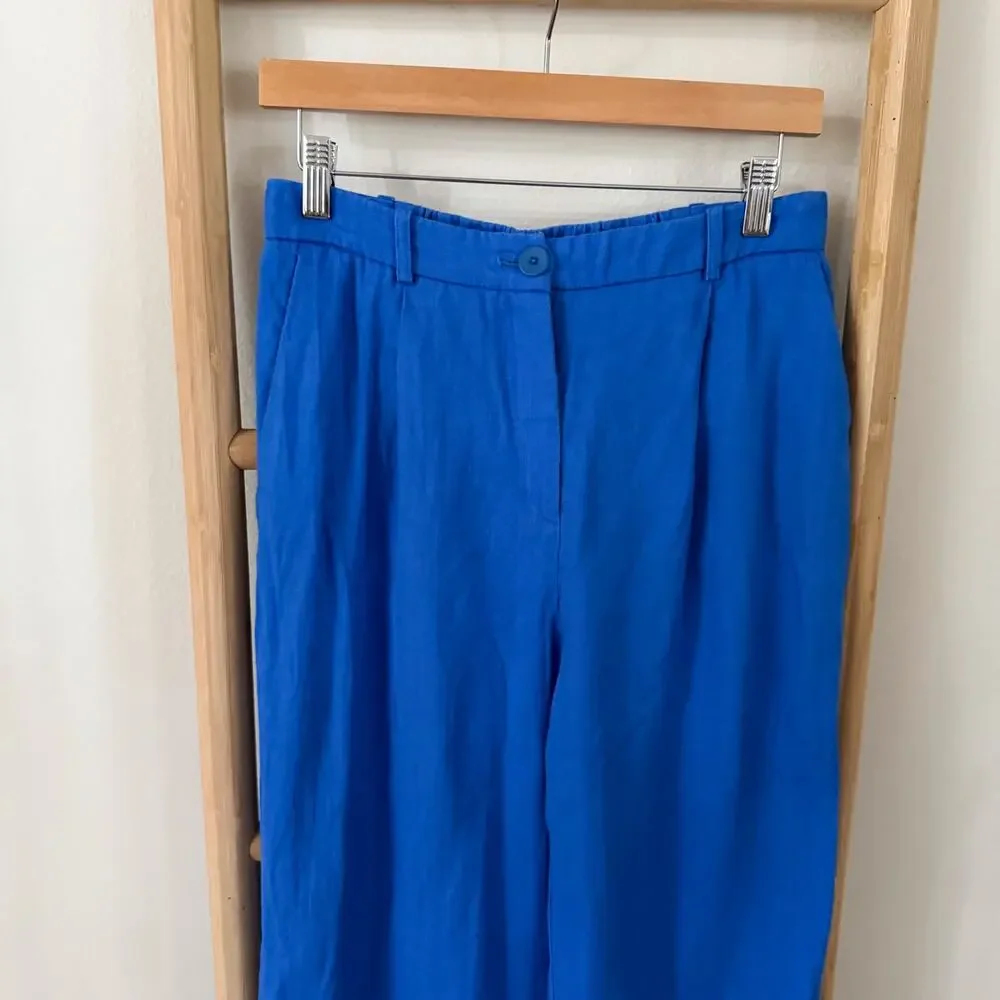 Mango 100% Linen Blue Elastic Back Slim Crop Pants Women US 4 EU 36